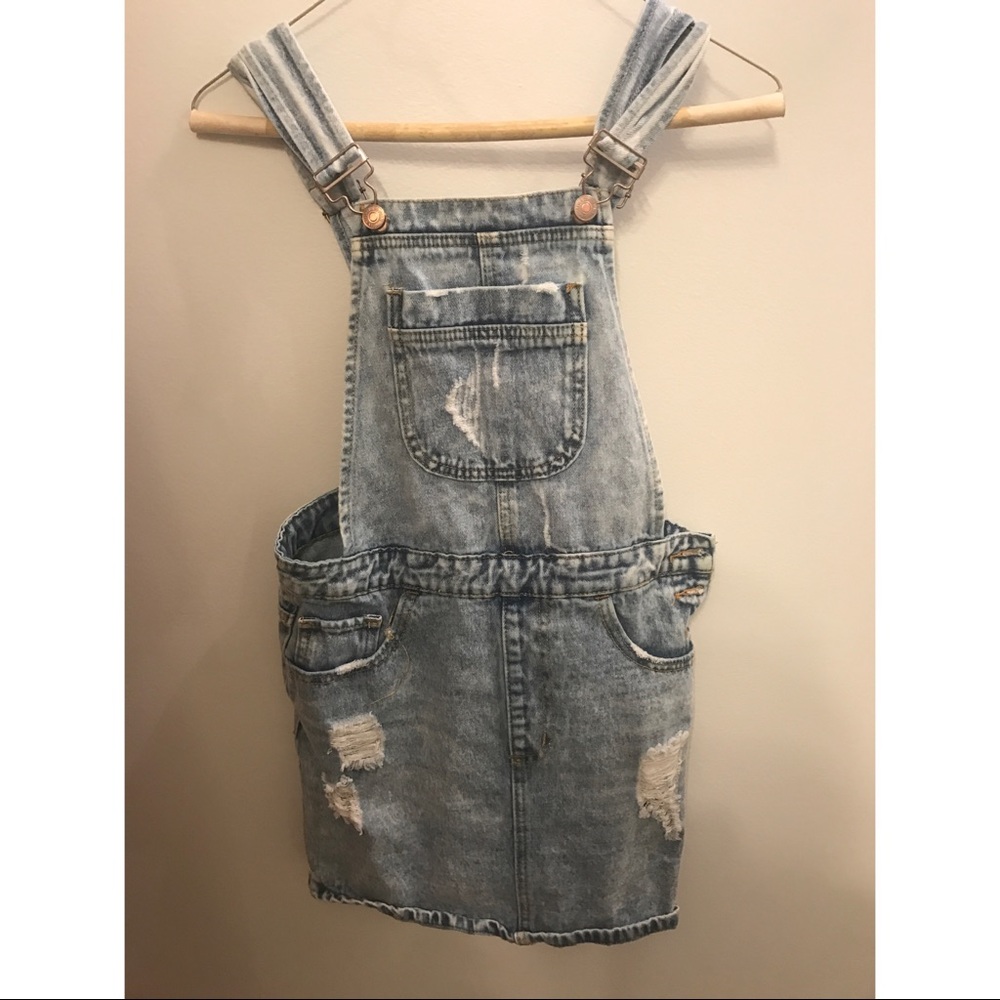 Light wash denim skirt overalls